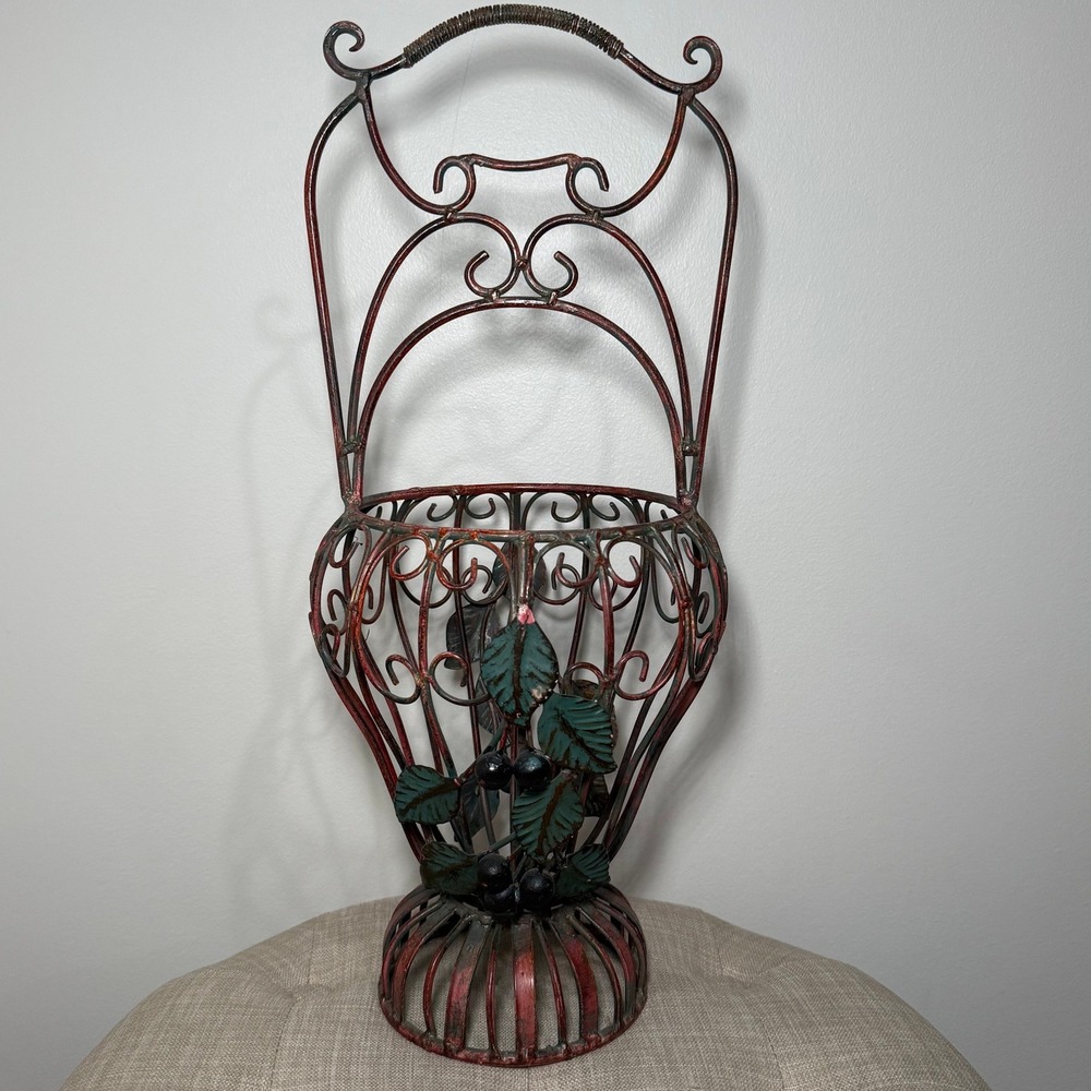 Vintage Wrought Iron Wire‎ Urn Basket Scrollwork Tole Grape Cluster Planter Vase